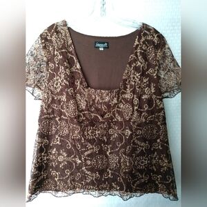 b.i.y.a.y.c.d.a Woman Lacy Brown Top Square Neck Floral Size 1X, Chest 42"